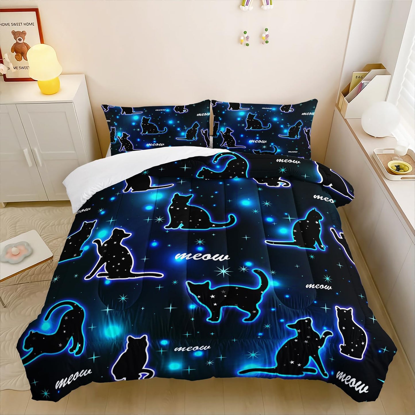 Kawaii Pet Cat Comforter 3Pcs Twin Gradient Line Cute Kitten Animal Bedding Set for Kids Teens Girls Boys Cat Glitter Polka Dots Pattern Quilt Bed Decor with 1 Comforter and 2 Pillowcases