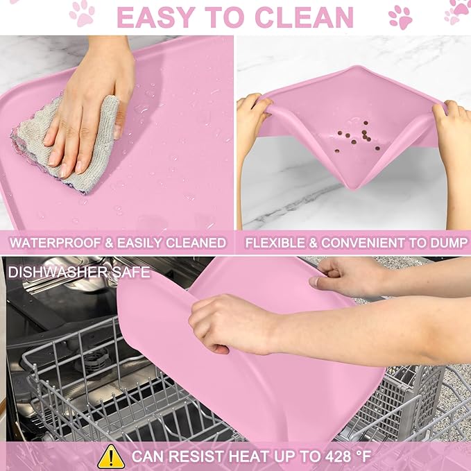 Silicone Pet Food Mat with Raised Edge for Food and Water Bowl, Dog Feeding Mats, Cat Food Trays for Floor Waterproof, Rubber Tray for Dogs and Cats, 19 x 12 x 0.7 Pink