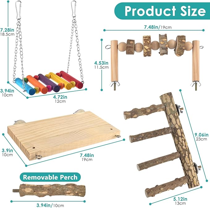 4 Pcs Bird Perch with Swing, Parrot Perches Platform with Chew Blocks, Natural Climbing Ladder Bridge Colorful Hammock for Budgies, Cockatiels, Lovebirds, Finches