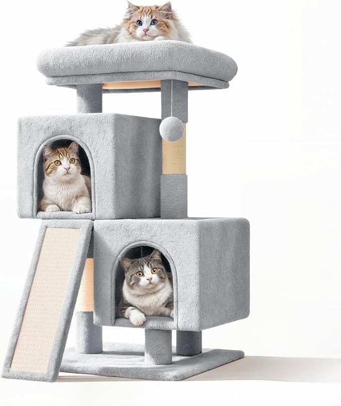 34'' Small Cat Tree with 2 Condos, Sisal Scratching Posts & Board, Multi-Level Climbing Tower for Indoor Cats, Sturdy Light Grey Cat Activity Center - Light Gray