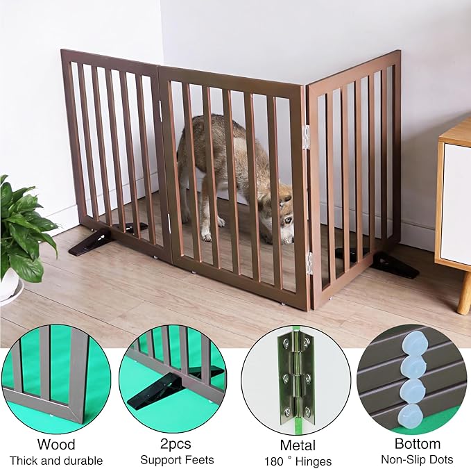 Dog Gate Indoor, Freestanding Dog Fence for The House, Doorways, Hallways,or Stairs,Pet Gate Foldable Wooden,Expandable 24" Height 3 Panels,Brown