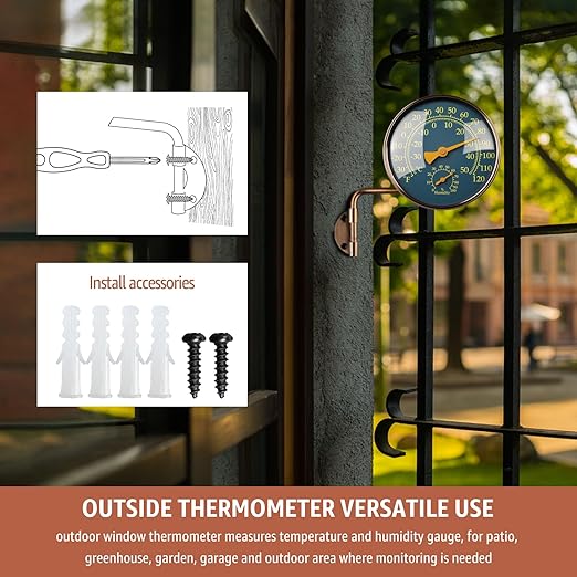 4-Inch Outdoor Thermometer and Humidity Gauge, Window Thermometer for Outside Temperature and Humidity Monitor, Brass Analog Dial, Battery-Free for Patio, Garage, Greenhouse, Garden, Wall