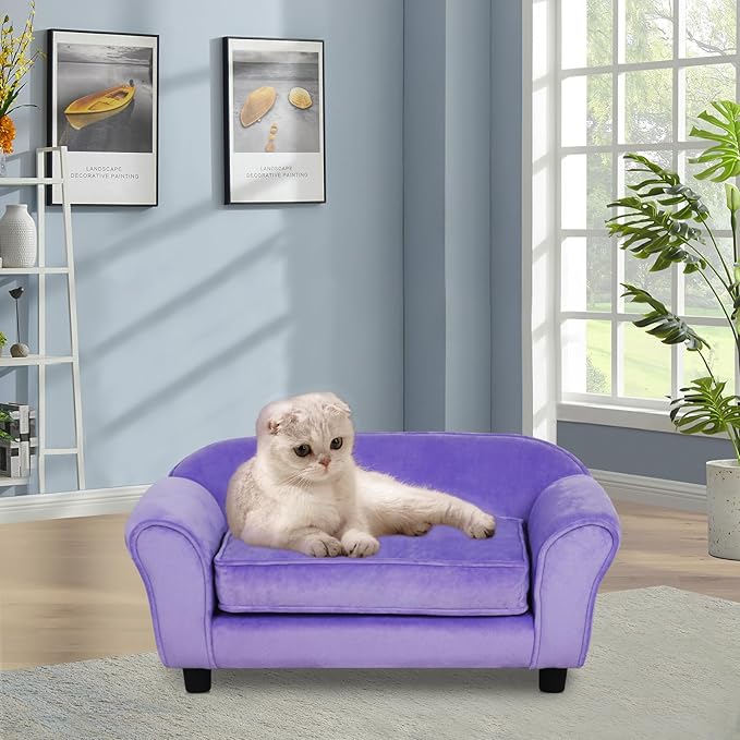 Getifun Small Dog Sofa Bed, Velvet Cat Couch with Washable Cushion & Plastic Legs (29 x 16 x 12.7 inches (Purple)