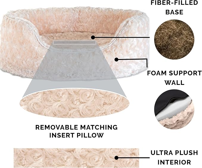 Furhaven Dog Bed for Large/Medium Dogs w/ Removable Washable Cover & Pillow Cushion Insert, For Dogs Up to 30 lbs - Ultra Plush Faux Fur Oval Lounger - Cream, Large