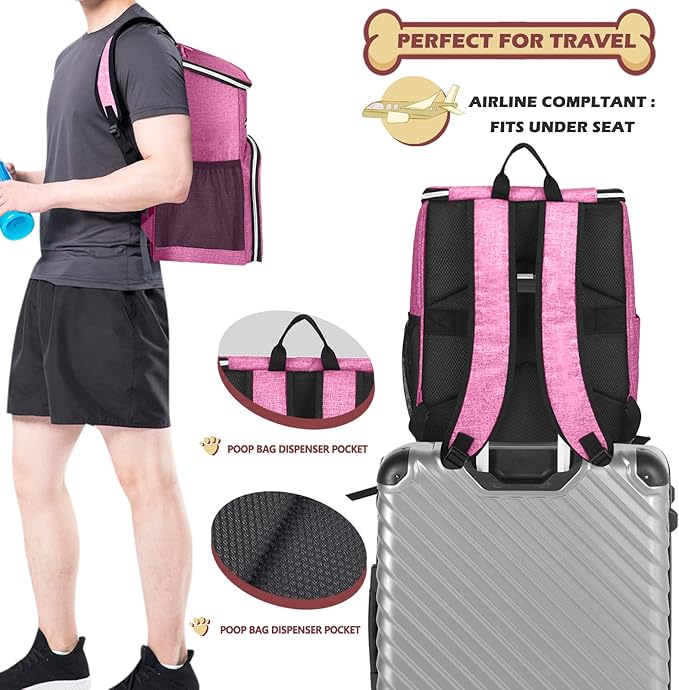 BAGLHER丨Dog Travel Bag Backpack, Airline Approved Pet Supplies Backpack, Dog Travel Bag with 2 Silicone Collapsible Bowls and 2 Food Baskets Pink