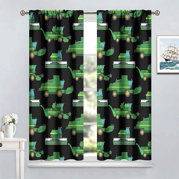 Kids Agriculture Machine Window Curtains, Farm Equipment Tractors Transport
