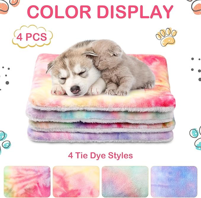 Haull 4 Pcs Waterproof Guinea Pig Bedding Winter Guinea Pig Bed Plush Cage Liners Soft Dog Cat Mat Reversible Winter Cozy Animal Pee Pad Hamster Bed Mat for Bunny (Tie Dyed,18 x 24 Inch)