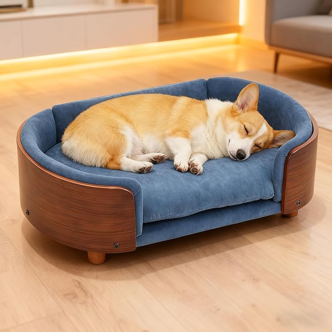 Modern Elevated Dog Sofa, Small Dog Couch with Removable Washable Cover Ultra-Soft Crystal Velvet Sofa Bed for Cute Cats and Small Dogs Suitable for Pets or Cats Under 22 lbs,Blue Boat Shape, S