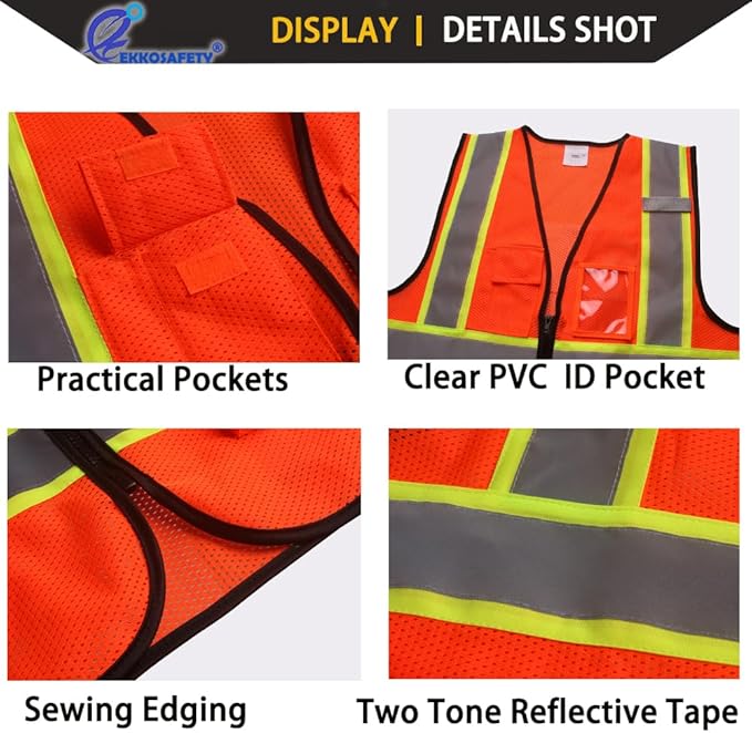 Safety Vest for Men Women Reflective with 5 Pockets and Zipper Front Mesh High Visibility Vest Hi Vis Construction Work Vest,Meets ANSI/ISEA Standards(EK175-Orange-M)