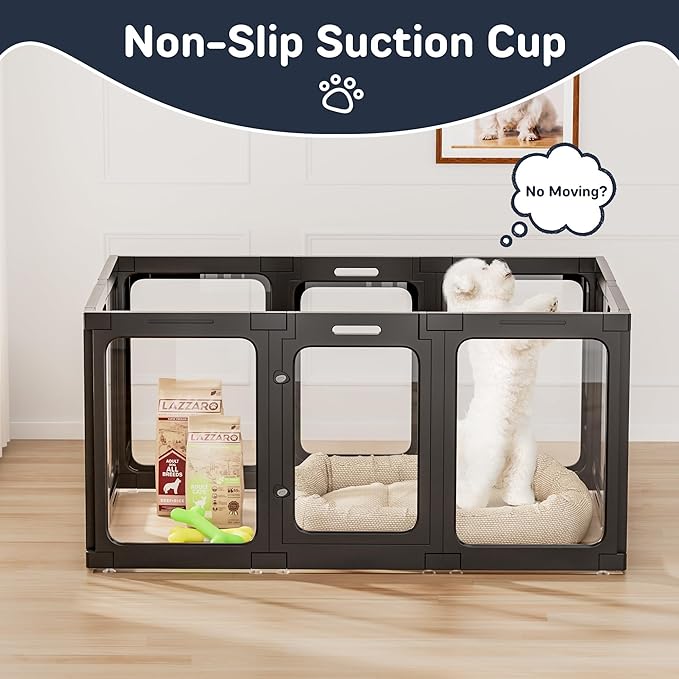 Acrylic Dog Playpen Indoor, 10 PCS Plastic Puppy Playpen with Door, Clear PlayPen for Dog Cat Rabbit Ferret, Preferable Small Dog Cage, Easy Assemble Pet Pen, 50" L x 33.5" W x 24" H, Black
