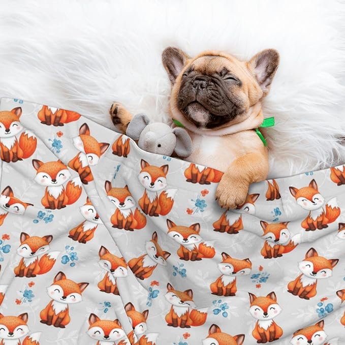 Reversible Pet Blanket for Sofa Protection Pet Comfort, Cute Fox, Double Sided Design with Cozy Nubby Nap Side and Durable Smooth Play Side