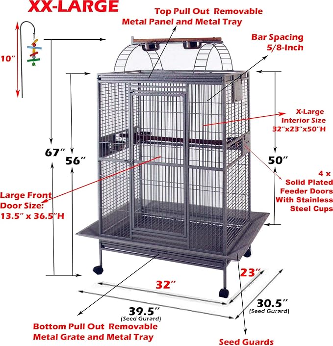 Extra Large Elegant and Durable Wrought Iron Play Top Bird Parrot Cage for African Grey Small Quaker Amazon Parrot Cockatiel Sun Parakeet Green Cheek Conure Dove Cockatoo Rolling Stand
