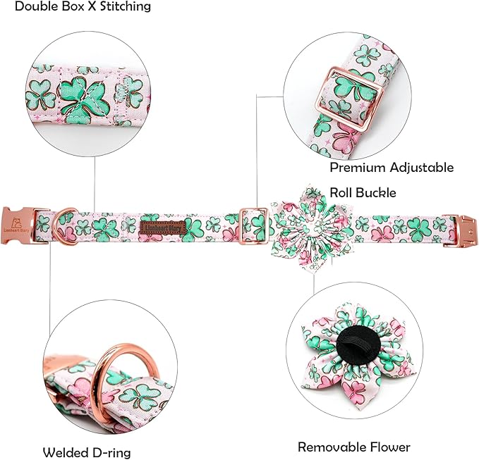 Lionheart glory St. Patrick's Day Dog Collar with Flower Dog Collar for Large Dogs, Green Collars Lucky Clover Shamrock Dog Collar Flower Pet Collar Bows Heavy Duty