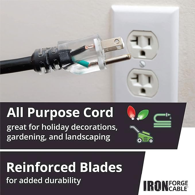Iron Forge Cable 12 Gauge Outdoor Extension Cord 25 Ft, SJTOW 12/3 Heavy Duty Extension Cord 3 Prong, Oil Resistant & Flame Retardant - Lighted End