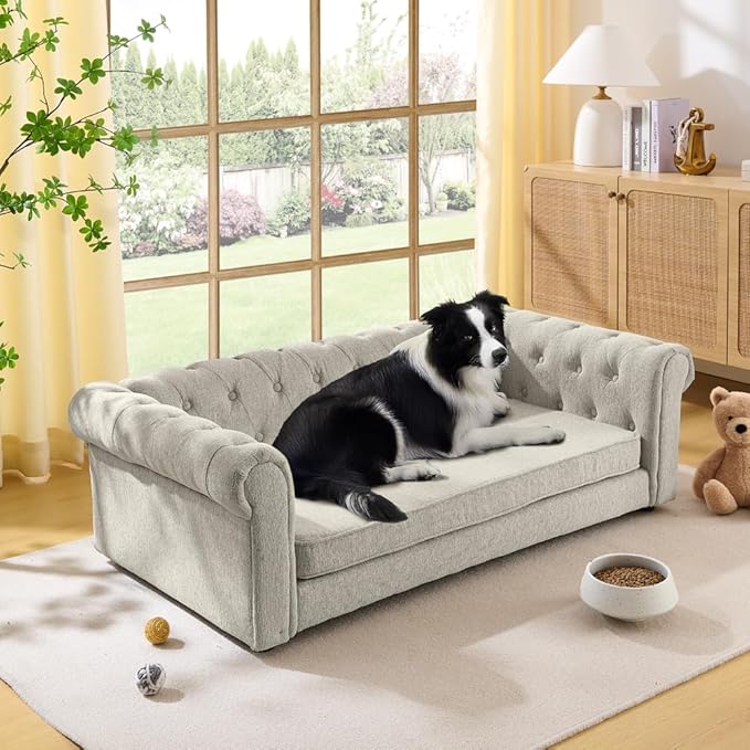 Elevated XL Large Dog Sofa with Backrest and Armrests, 55" Button Tufted Dog Couch Bed with Soft Cushion for Large Dogs, Stylish Lounging Bed Pet Couch Chair, 120Lbs Weight Capacity, Beige