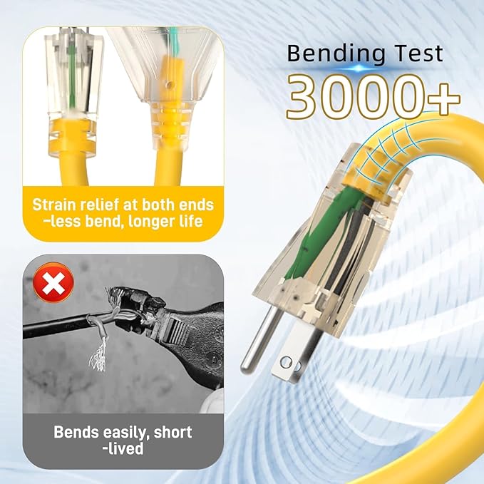 12FT 12 Gauge Heavy Duty Outdoor Extension Cord Waterproof with 3 Outlets & Lighted End, SJTW 15A 1875W 3-Prong Yellow Flexible Power Cord for Indoor Outside Decorations Garage, Garden, ETL