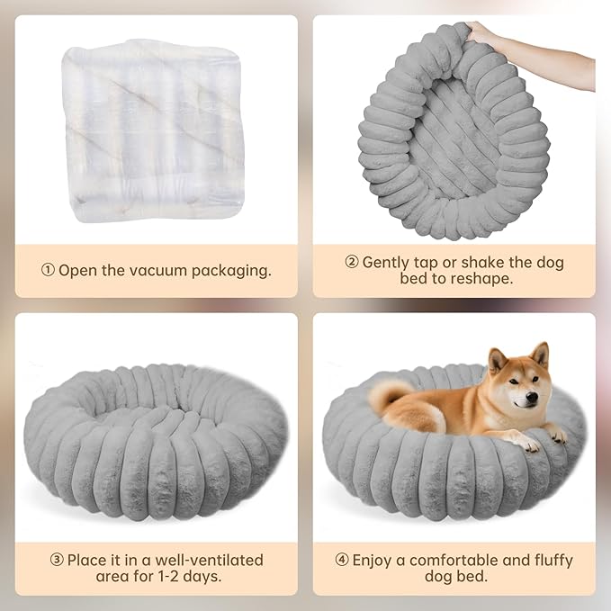 Donut Dog and Cat Bed, Luxurious Comfortable Faux Rabbit Fur Pet Beds, Round Anti-Anxiety Calming Puppy Kitten Bed with Anti-Slip Bottom for Small Medium Dogs & Cats(36", Grey)