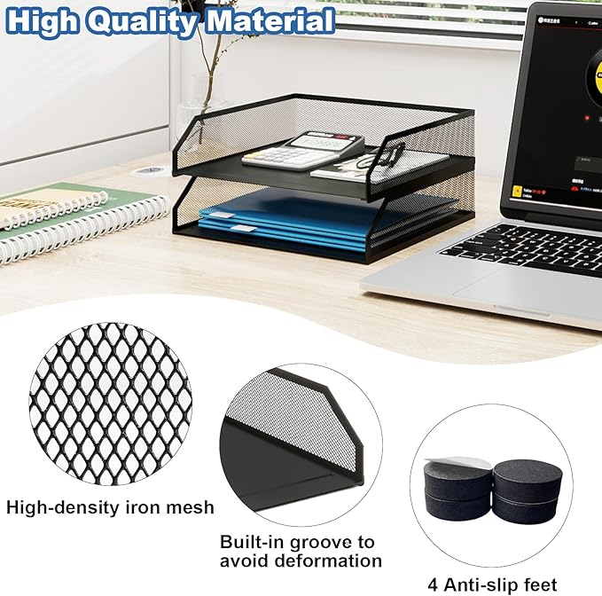 Natwind 2-Tier Stackable Paper Tray, Metal Mesh Desktop Organizer, A4 Paper Sorter, Letter Trays,File Folder Sorter Organizer with Sliding Tray for Home, Office, School (Black)
