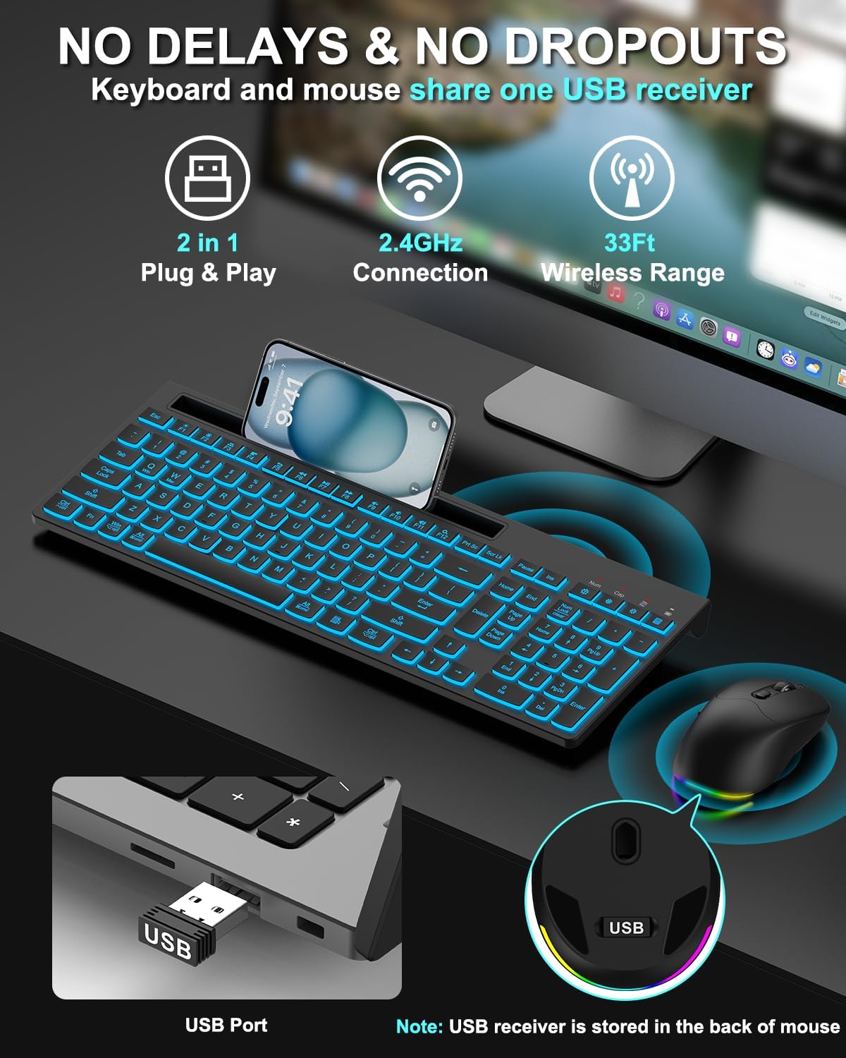 Wireless Keyboard and Mouse Combo, 7 Backlit Effects, Light Up Letters