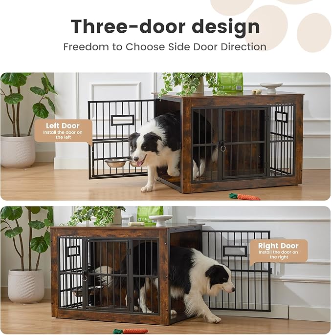 38 Inch Heavy Duty Dog Crate Furniture for Medium Dogs, Decorative Pet House End Table with 3 Doors & Adjustable Bowls, Wooden Cage Kennel Furniture Indoor, Rustic Brown