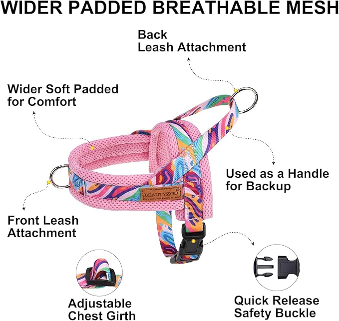 BEAUTYZOO Dog Harness for Small Dogs,No Pull Dog Harness and Leash Set,Soft Escape Proof Puppy Vest Harness with Handle,Reflective Lightweight Step in Harness for Girl Boy Dogs,Pink_Print S