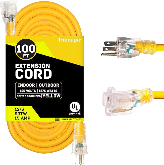 100 Foot Outdoor Extension Cord - 12/3 Heavy Duty Yellow Extension Cable with 3 Prong Grounded Plug for Safety - Great for Garden and Major Appliances