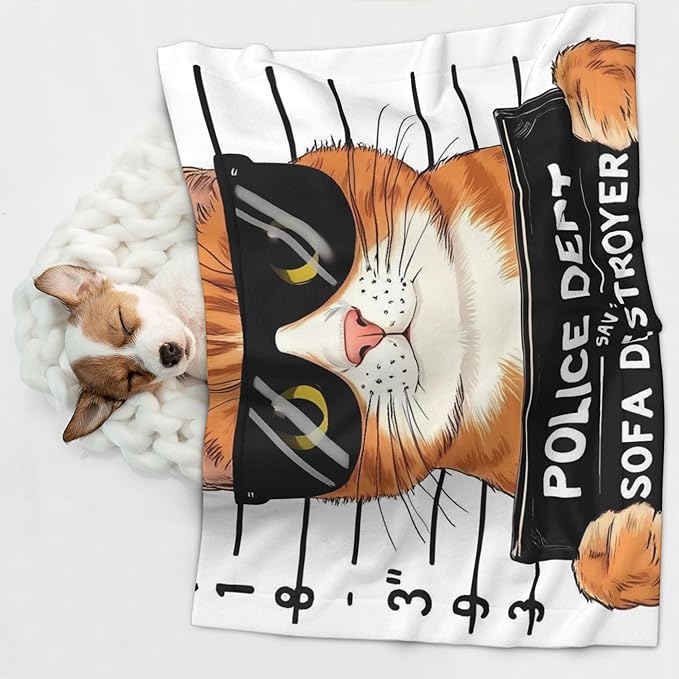 Waterproof Dog Blanket Soft Pet Blanket for Puppy, Fleece Cat Throw Blankets for Furniture Bed Couch Sofa Reversible - Cat Holding Mugshot Sign