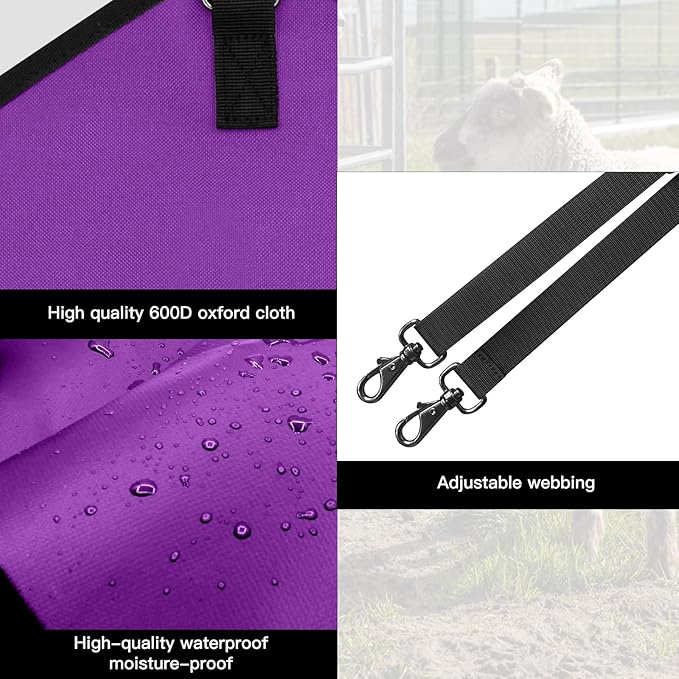 Goat Hay Feeder,Hay Bags for Goats,Horses,Sheep,Premium 600D Oxford Cloth,with Metal Fastener and Adjustable Open Feed Hole for Slow Feeding,Easy to Fill and Hang with Large Opening (Purple)