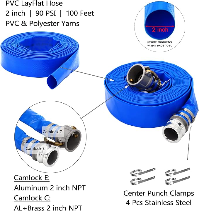 DAVCO 2" ID × 100 ft PVC Lay Flat Discharge Hose, Heavy Duty Reinforced Blue