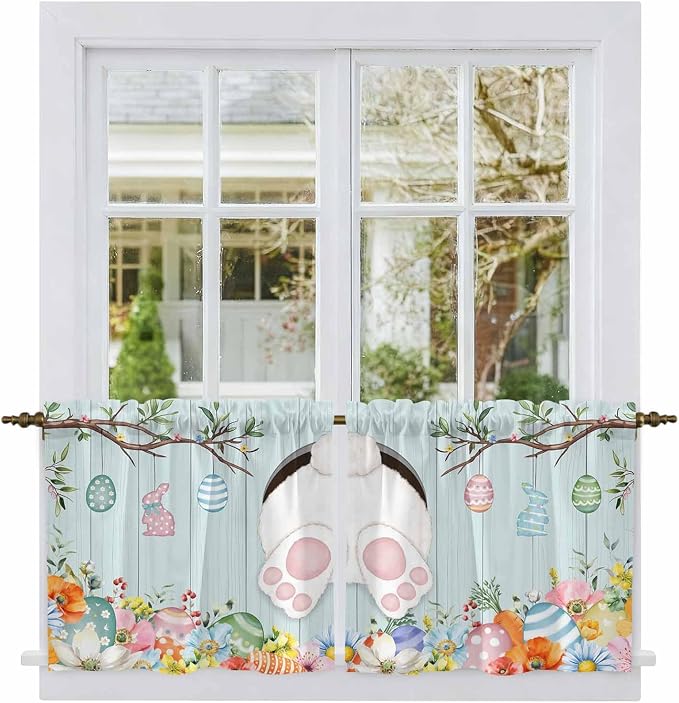 Easter Bunny Kitchen Tier Curtains 36 Inch Long 2 Panel Set, Rod Pocket Half