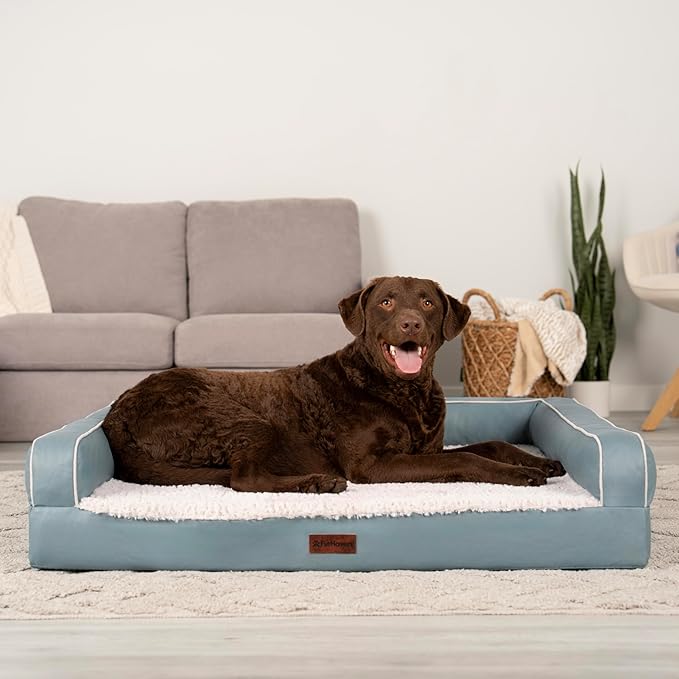 Furhaven Cooling Dog Sofa Bed – Memory Foam Couch with Bolsters, Textured Plush & Water-Resistant Cover, Washable Cover - Riverway, Jumbo