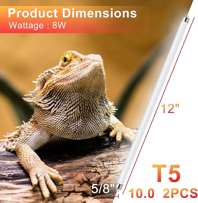 LUCKY HERP 2 Pack T5 UVB 10.0 Reptile Light 8W, UVA UVB Fluorescent Lamp Tube, UVB Lighting Bulb for Turtles, Chameleon, Tortoises, Lizard