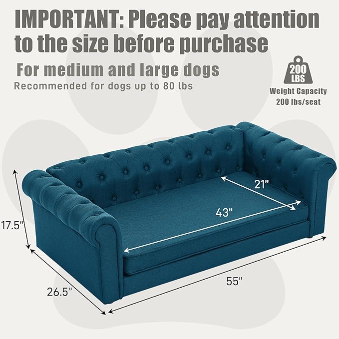 Dog Sofa Couch for Medium to Large Dogs, Memory Foam Dog Sofa Couch with Washable Fabric, Durable Elevated Pet Bed with Legs, Removable Cushion for Medium and Large Dogs, Dark Blue