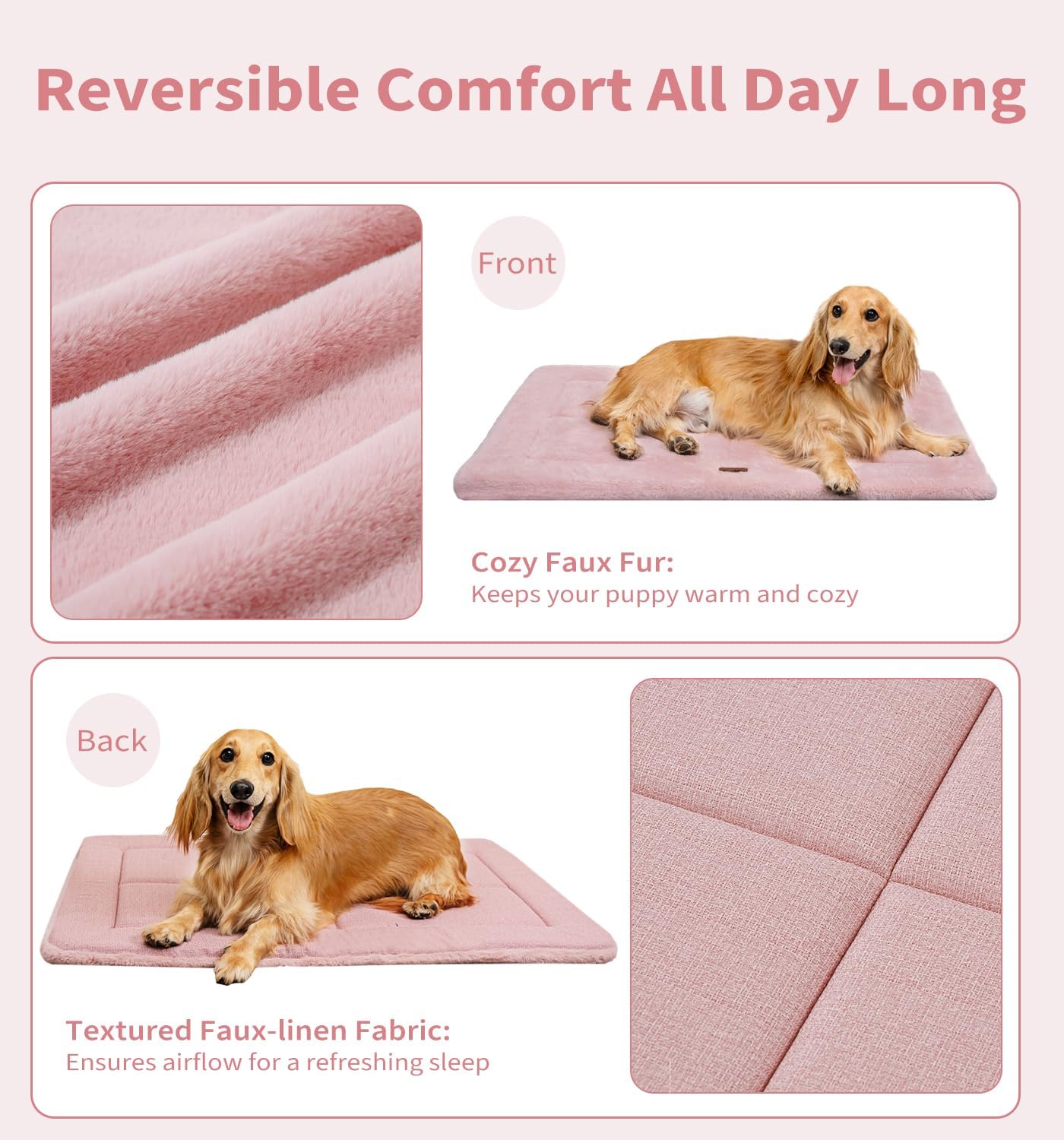 MADE 4 PETS Dog Crate Pad Bed for Large Dogs, Washable & Reversible, Anti-Slip Kennel Mat for Cozy Sleeping, Soft Fluffy Dog Bed for Indoor & Outdoor Use, 36"x27", Pink