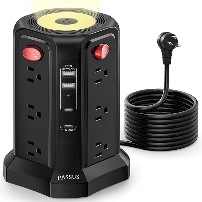 Surge Protector Power Strip 10 FT Cord, PD 20W USB C Power Strip Tower with Night Light, Extension Cord with Multiple Outlets with 4 USB Ports(2A+2C), PASSUS Charging Station Home Office Essentials