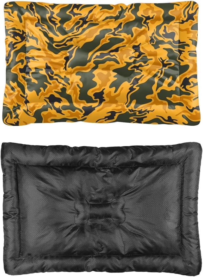 Yellow-Green Swirl Camo Dog Beds & Furniture Crate Mats Kennel Pads Crate Dog Bed Washable Non-Slip Bed Washable Small Cage Mats for Crates Kennel Accessories Indoor Outdoor 36X24 Inch