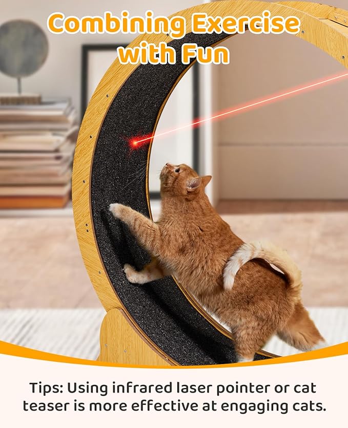 Outvita Cat Exercise Wheel for Quiet Running Indoor Use, 39.4" Cat Treadmill with Detachable Carpet, Cats Exerciser Helps Cats to Lose Weight and Keep Health, Easy to Install (Natural Wood)
