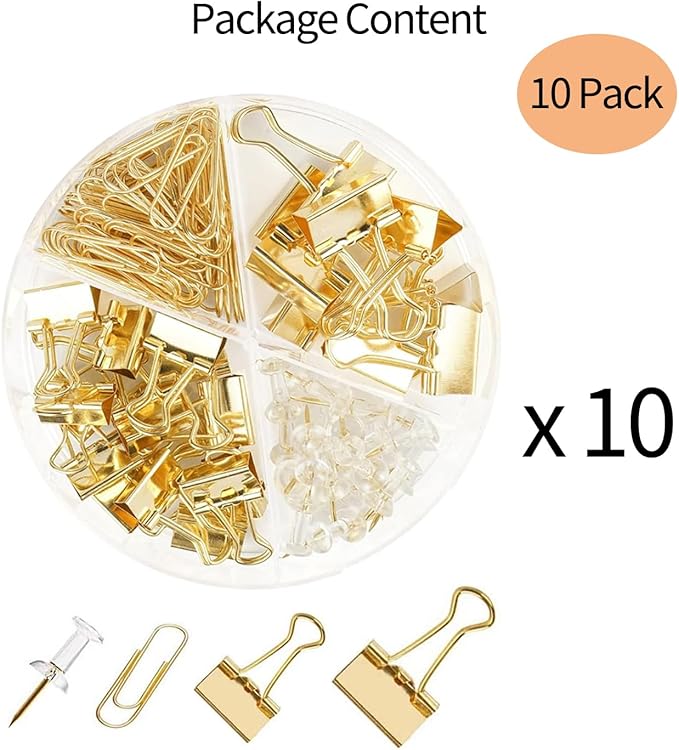 10 Pack, Gold Paper Clips and Binder Clips Set, Metal Assorted Sized Binders with Push Pins, Cute Gold Office Supplies for Desk, Desk Accessories