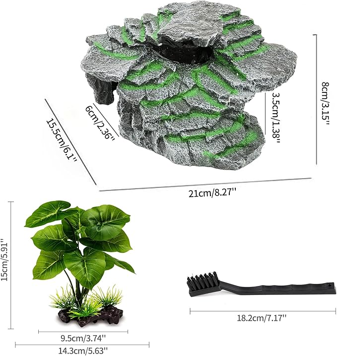 Turtle Basking Platform, Reptile Habitat Hideout, Decorative Resin for Aquarium & Terrarium, Including Artificial Plant and Cleaning Brush.(C-Medium-Black)