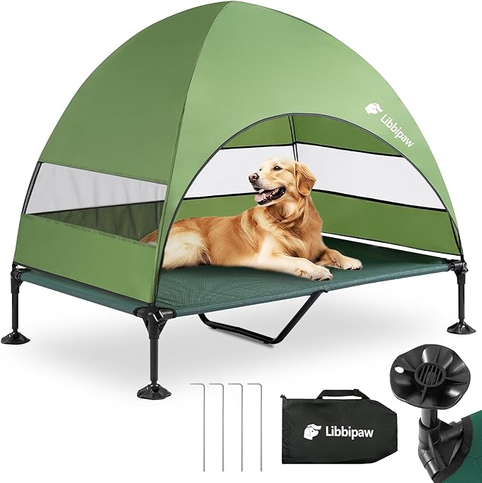 Windproof Elevated Dog Bed with Canopy & Stakes, 3-Sided 90% UV Block, Chew-Proof Teslin Mesh Mat for Large Dogs up to 150lbs(Green X-Large)