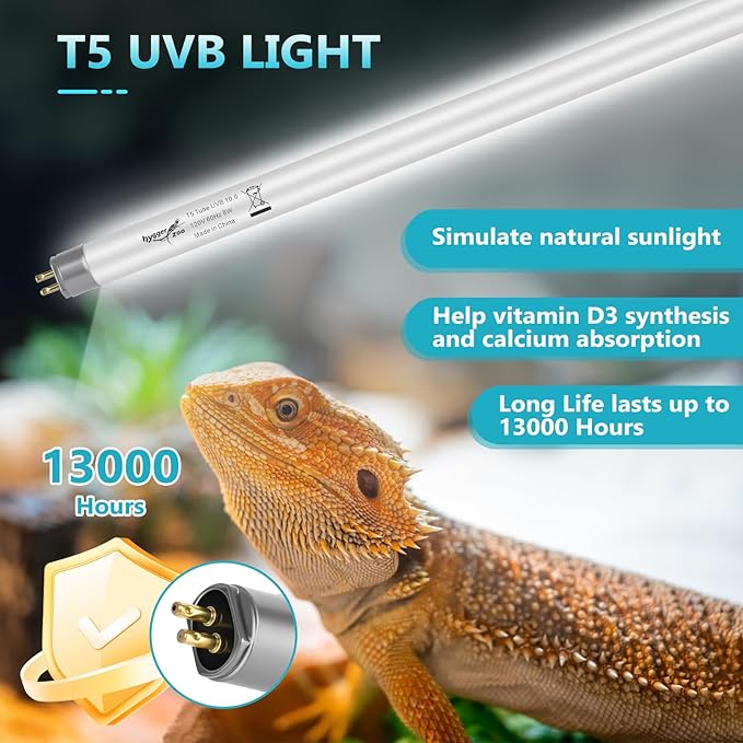 T5 UVB Reptile Light 39W 10.0 + UVA Light Bulb for Reptiles, 2-Pack Lamp Tube for Bearded Dragon, Desert-Grade Reptile UVB lamp Fixture
