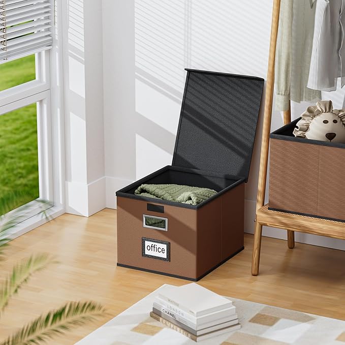 Huolewa File Organizer Boxes with Lids, Collapsible Faux Leather Hanging File Folder Box Organizer with Plastic Slide, Decorative Home/Office Filing System Boxes for File and Folders Storage