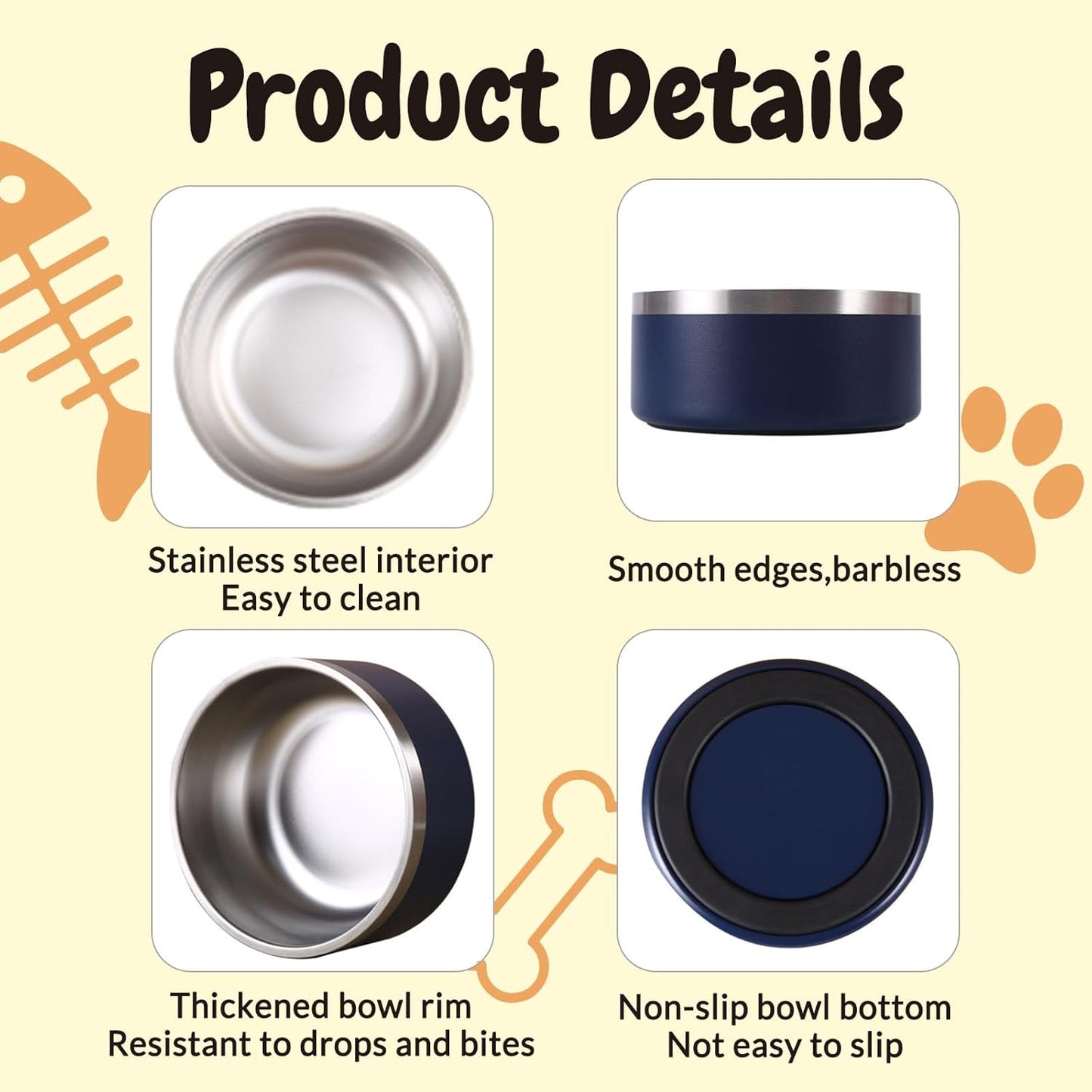 18OZ Personalized Dog Bowl Laser Engraved Custom Pet Name 18/32/42/64 oz No Slip Stainless Steel Insulated Bite-resistant Food Water Dishes-White