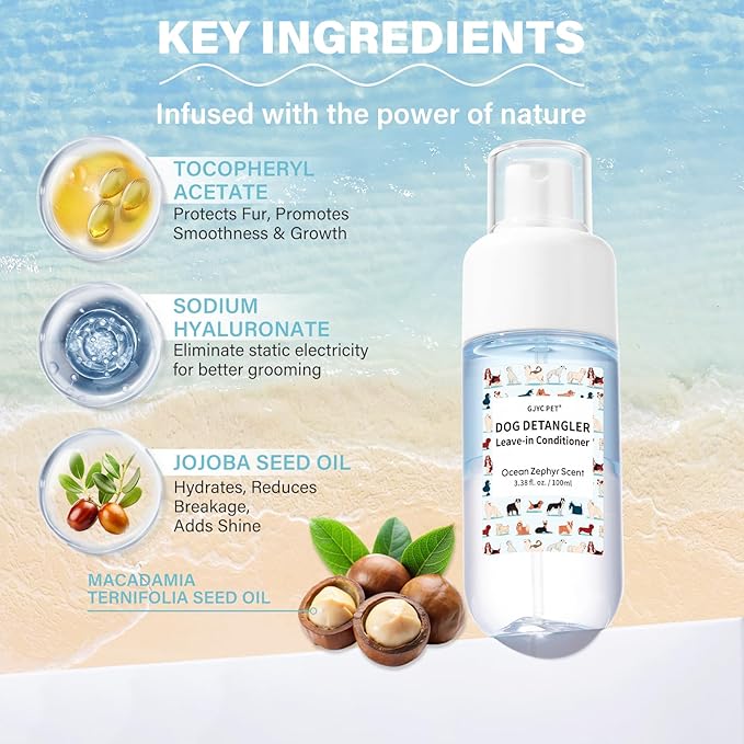Dog Detangler & Dematting Spray - Leave-in Conditioner, Ocean Zephyr Scent | Jojoba Oil, Macadamia Oil, Sodium Hyaluronate for Silky, Tangle-Free Coat, 3.38 fl. oz