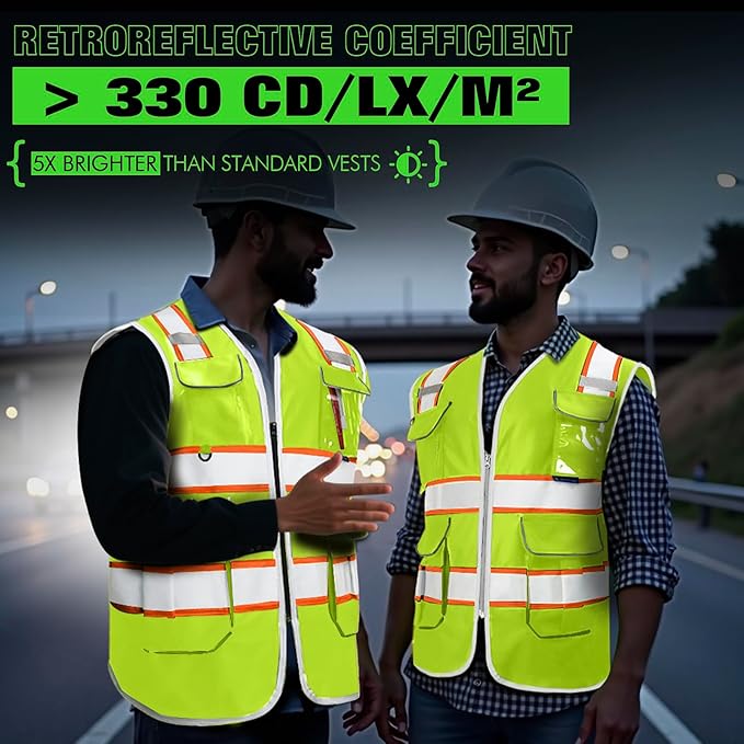 BeautyWill 5Pack Custom Logo Safety Vest 8 Pockets Class2 ANSI Certified High Visibility Reflective Vest for Men - Personalized Logo Heavy-Duty Work Vest（Yellow，3XL）
