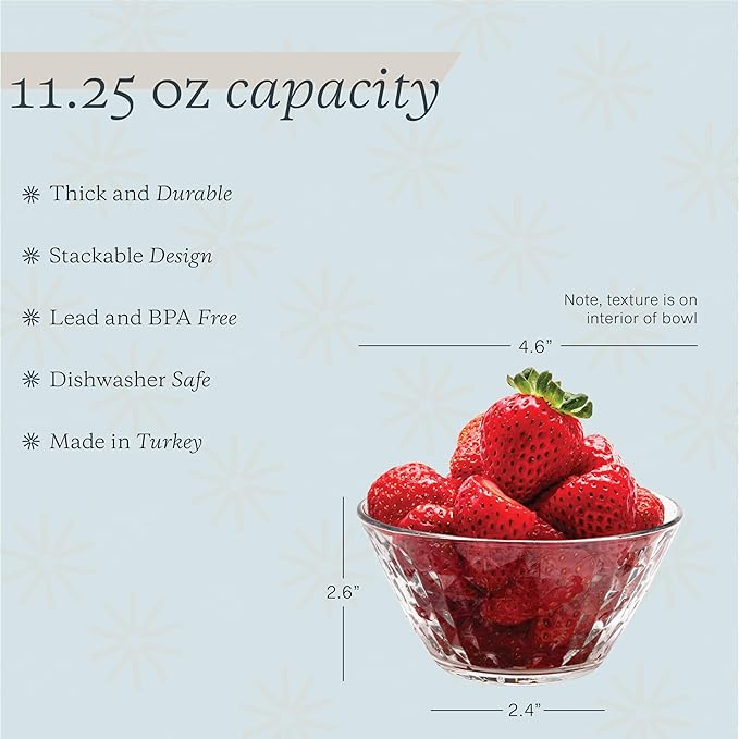 Vikko Glass Bowls - Set of 12, 7 Ounce Glass Dessert Dishes for Candy, Kitchen Prep, Dishwasher Safe