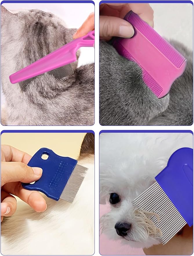 Flea Comb for Cats Dogs, 8 Pack Flea and Lice Grooming Comb Set for Cats, Pet Grooming Tools for Small, Medium & Large Pets (Pink & Blue)