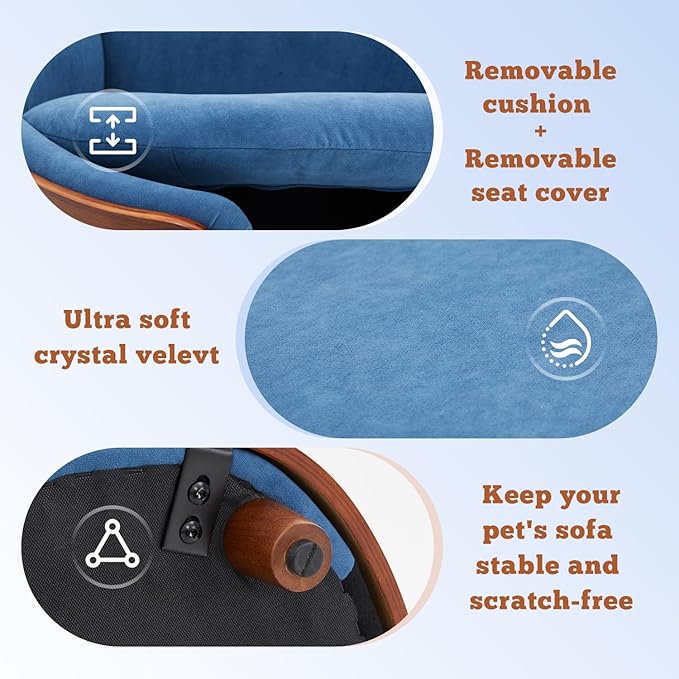 Modern Elevated Dog Sofa, Small Dog Couch with Removable Washable Cover Ultra-Soft Crystal Velvet Sofa Bed for Cute Cats and Small Dogs Suitable for Pets or Cats Under 22 lbs,Blue Boat Shape, S