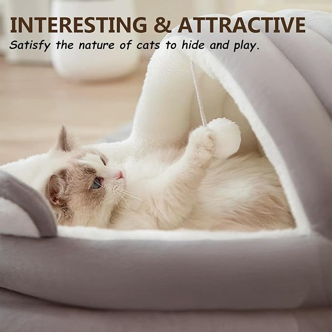 Cat Bed for Indoor Cats, Dog Bed with Anti-Slip Bottom, Rabbit-Shaped Cat/Small Dog Cave with Hanging Toy, Puppy Beds with Removable Cotton Pad, Super Soft Calming Pet Sofa Bed (Gray, Large)
