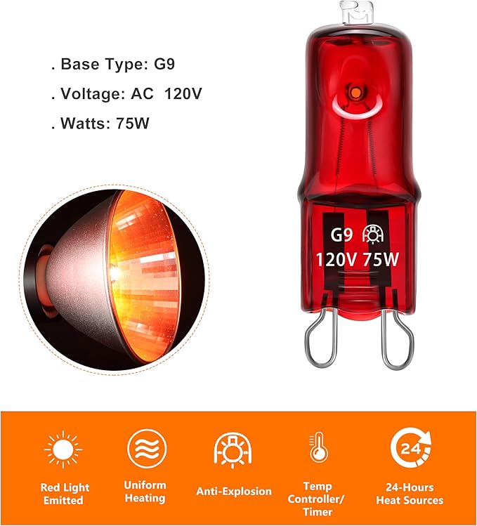 Reptile Heat Lamp G9 Bulb 75W 120V 2 Pin 3 Pack Base Light Bulb Replacement Dimmable Warm Red